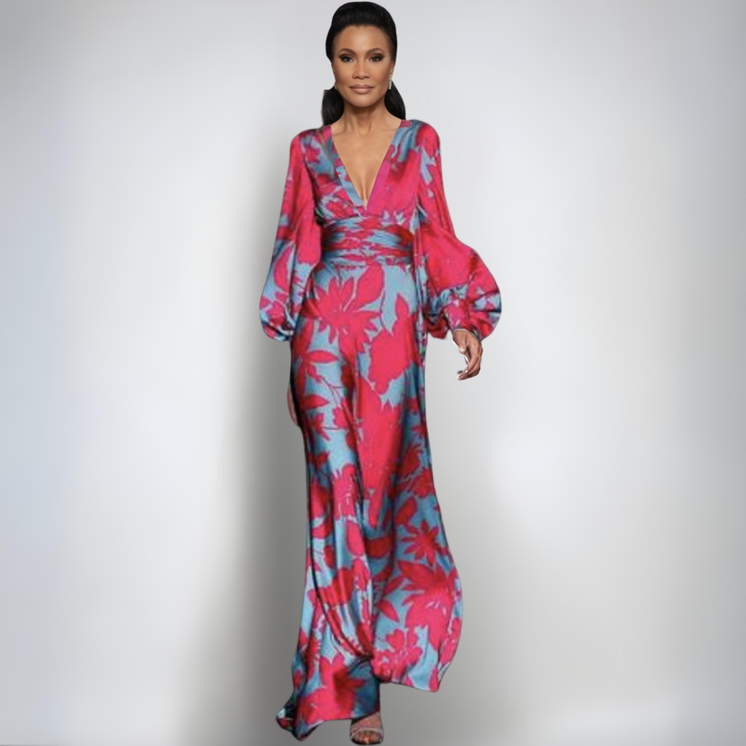 Alisa | Elegantiška Satino Suknelė su Gėlėmis